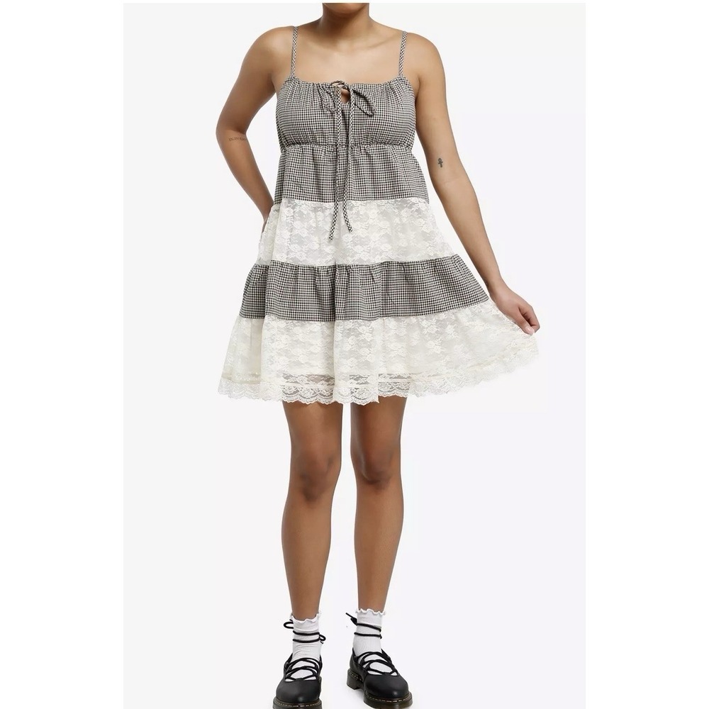 Thorn & Fable Brown Plaid & Lace Tiered Babydoll Dress Size L NWT Flirty Gingham